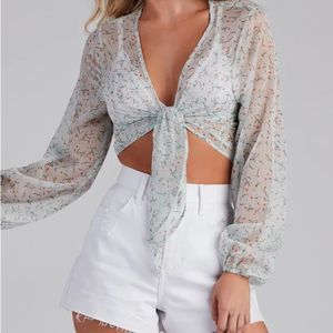 Sheer Floral Tie-Front Crop Top in Mint